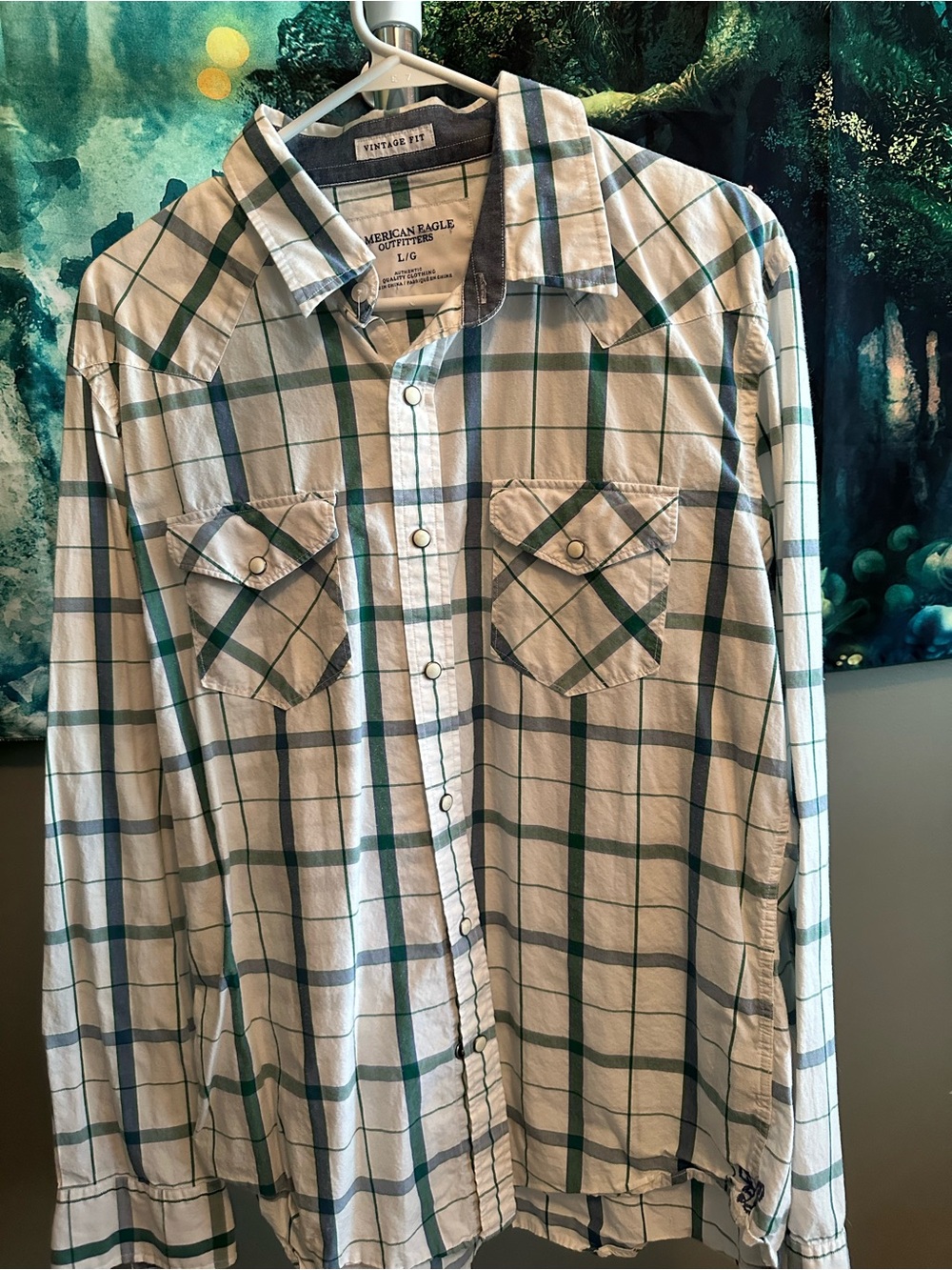 American Eagle Outfitters White, Green & Blue Plaid Button-Down Shirt